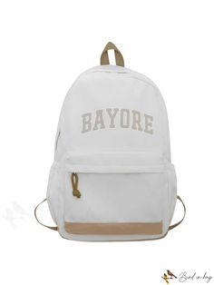 BirdinBag - Stylish Backpack with Letter Print and Front Pocket for Preppy Fashionistas White Letter Print Backpack For Back To School, Trendy Letter Print Standard Backpack, Everyday Letter Print Standard Backpack, Back To School White Letter Print Backpack, Letter Print Backpack For Travel, Trendy White Backpack With Letter Print, Everyday White Backpack With Letter Print, Back To School Letter Print Backpack, White Letter Print Backpack For Students