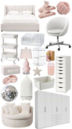 a collage of white furniture and accessories including a bed, dresser, chair, mirror, lamp, desk