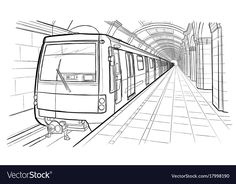 a subway train is coming down the tracks in black and white coloring book style illustration