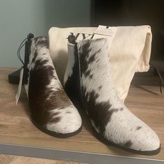 Myra Cowhide Boots New With Tags. Size 8 White Calf Hair Boots For Fall, Chic Calf Hair Boots With Round Toe, Cowhide Boots, Bag Shoes, Boots Booties, Bootie Boots, Dance Shoes, Ankle Boots, Sport Shoes