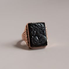 Luxury Black Enamel Onyx Signet Ring, Luxury Vintage Rings With Black Enamel, Luxury Vintage Cameo Signet Ring, Black 14k Gold Engraved Ring For Anniversary, Victorian Black Engraved Ring In 14k Gold, Antique Black Enamel Rings, Classic Black Onyx Rings, Formal Black Engraved Ring, Black Victorian Rings With Black Enamel