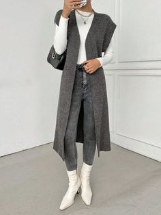 Grey Vest Outfit Women, Long Knitted Vest, Grey Vest Outfit, Long Sleeveless Cardigan, Sleeveless Vest Jacket, Plain Cardigan, Vest Cardigan, Gilet Long, Grey Vest