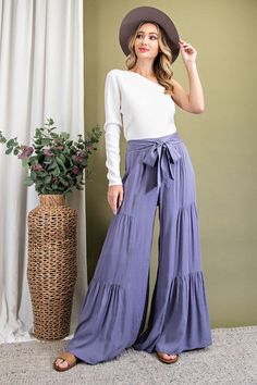 DENIM LOOK WIDE LEG PANTS!(also in mint, black, magenta) DON'T MISS OUT, LIMITED !!!!!! You don't have this in your closet? Hippie Vibe Tribe getting cute fashion in daily! #valentine #womensclothing #hippievibetribe.com #cozy #hippiegirl Tiered Ruffle Skirt In Rayon, Tiered Ruffled Rayon Skirt, Chic Tiered Bottoms With Elastic Waistband, Chic Tiered Bottoms With Ruffle Hem, Chic Tiered Ruffle Hem Bottoms, Casual Rayon Bottoms With Ruffles, Casual Ruffle Bottoms In Rayon, Chic Rayon Bottoms With Tie Waist, Chic Tie Waist Rayon Bottoms