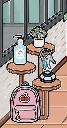 three small tables with backpacks and bottles on them in front of a window sill