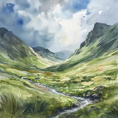 a painting of a mountain valley with a stream running through it