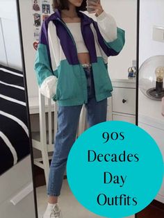 a woman taking a selfie in front of a mirror with the words 90's decades day outfits