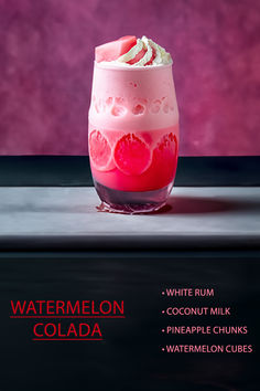 an advertisement for watermelon cola on a purple and pink background with the words, watermelon cola