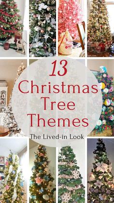 twelve christmas tree themes in different styles and colors