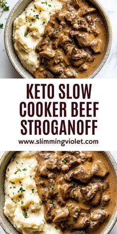 keto slow cooker beef stroganonoff in a bowl with mashed potatoes