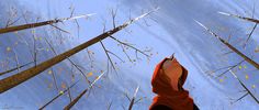 a person wearing a red hoodie looking up into the sky with trees in the background