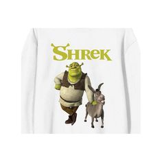 Celebrate your favorite characters in style with this Shrek sweatshirt. The sweatshirt features an image of Shrek and Donkey walking under green letters that spell out the movie's logo. The sweatshirt comes in a white long sleeve crew neck. Shrek fans will love this comfy and cozy sweatshirt. Green Pre-shrunk Hoodie With Crew Neck, Shrek Birthday Shirt, Shrek Backpack, Shrek Shirt, Shrek Sweatshirt, Shrek Donkey, White Crew Neck, Boyfriend T Shirt, Shrek