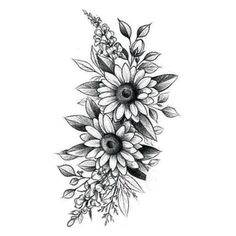 a drawing of flowers with leaves on the bottom and one flower at the top, in black and white