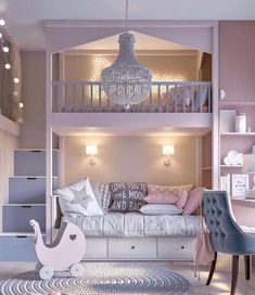 a loft bed with pink walls and white furniture in the middle, surrounded by shelves