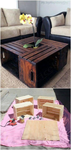 a coffee table made out of pallet wood and some other things on the ground