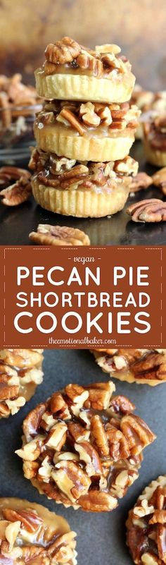 pecan pie shortbread cookies stacked on top of each other with text overlay