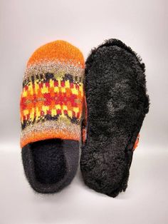 Women's size 7,5 These slippers have a beautiful design on the top, they are made from felted wool sweaters and the soles are shearling with the fur facing the foot. So warm, soft and cozy, you won't want to take them off! Perfect present for someone you love, or you can just treat yourself. Felted Wool Slippers, Wool Slippers, Felted Wool, Wool Sweaters, Womens Slippers, Wool Felt, Knitted Hats, Beautiful Design, Slippers