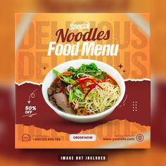 a restaurant menu with noodles, meat and vegetables in a bowl on an orange background