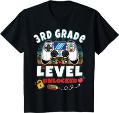 a black shirt with the words 4th grade level unlocked in front of an image of a video game controller