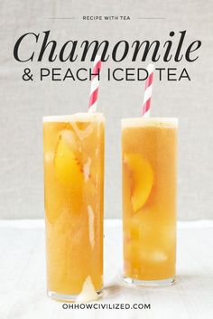 two glasses filled with peach iced tea sitting next to each other