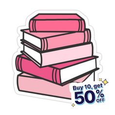 a pile of books with the words buy 10 get 50 % off on it sticker