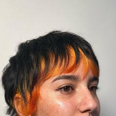 Mullet With Dyed Ends, Fun Colored Short Hair, Shag Mullet Micro Bangs, Coloured Bangs Hair, Pixie Dyed Hair Ideas, Patch Dye Hair, Orange Pixie Hair, Pixie Haircut Color Ideas, Tip Dyed Hair