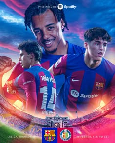 the poster shows two soccer players in front of a stadium with purple and blue colors