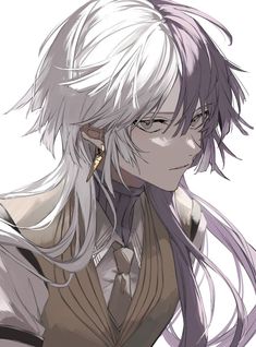 an anime character with long white hair and piercings on his ears, looking to the side