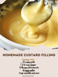 a spoon full of melted cheese in a bowl with the words homemade custard filling