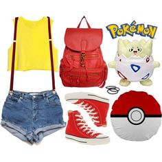 some pokemon items are on display in front of a white background, including a red backpack, yellow t - shirt and blue jean shorts