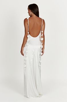 Elenora Rose Gown - White Flower Tassels, Backless Satin Dress, Rose Gown, Tassel Dress, Long Bodycon Dress, Sleeveless Bodycon Dress, Spaghetti Strap Dresses, Strap Dress, Satin Dresses