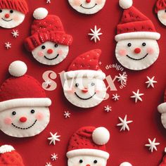 snowmen and santa hats made out of felt on a red background with snowflakes