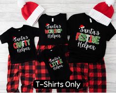 Get your family in the Christmas spirit with this matching Holiday shirt set! Perfect for Festive Parties, xmas morning, or just some jolly fun. Each shirt features a unique 'helper' for every family member. Customizable for your family! LISTING IS FOR SHIRTS ONLY All items are made to order. They will ship within one week from one of our printing partners. Please allow sufficient time for production and shipping. If you have any issues or concerns, please reach out to us directly via Etsy messa Matching Cotton Christmas Tops, Matching Christmas Cotton Tops, Matching Cotton Tops For Christmas, Casual Christmas Family Tops, Casual Christmas Tops For Family, Black Short Sleeve T-shirt For Festive Occasions, Family Matching Festive Short Sleeve Tops, Red Christmas Top For Family Occasions, Letter Print Tops For Family Holiday