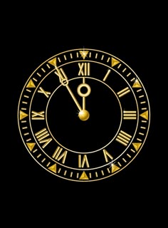 a gold clock with roman numerals on a black background