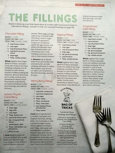 a menu for the fillings on a table with silverware and utensils