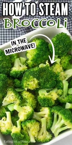 how to steam broccoli in the microwave with an arrow pointing up at it