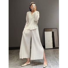 Pleated Matching Sets Fall Clothes Women Plus Size Suit Korean Fashion 2 Piece Wide-leg Pants Crop Top Long Sleeve Casual Wide Leg Daywear Sets, Casual Wide Leg Sets For Daywear, Casual Ankle-length Pants Sets For Work, Summer Workwear Sets With Ankle-length Pants, White Long Pants Sets For Spring, White Casual Pant Set For Work, Casual White Pant Set For Work, White Wide-leg Pants Sets For Spring, Spring Daywear Sets With Long Pants