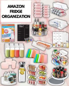 an image of the amazon fridge organization system with all its contents labeled in white and pink