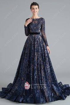 navy blue sequin sparkly Prom Dance dress Navy Blue Gown, Long Sleeve Ball Gowns, Dress Train, Prom Dance, Wedding Dress Sequin, Gown Prom, Long Train, Bateau Neckline, Dance Dress