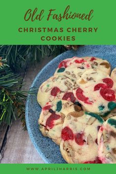 old fashioned christmas cherry cookies on a blue plate