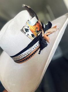 Size medium, 22-23.5 inches White Fedora For Rodeo In Winter, White Fedora For Winter Rodeo, White Winter Fedora For Rodeo, Custom Cowgirl Hat Ideas, Fitted White Hat Bands For Fall, White Fitted Hat Bands For Fall, Cowboy Hat Decorating, Cowgirl Essentials, Boater Hat Outfit