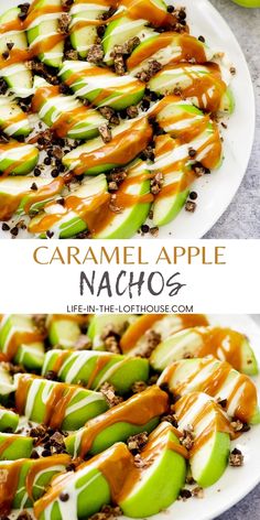 caramel apple nachos on a white plate