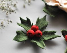 two small red berries sitting on top of green leafy leaves next to white flowers