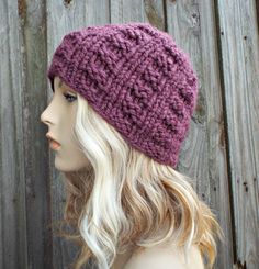 "Knitting Pattern: Waffle Beanie Finished Measurements: Circumference at brim band 18\" (46 cm) unstretched, 8\" (20 cm) in length from brim edge to crown; will fit head circumference of 20\" to 23\" (50.5 to 58 cm). Yarn: 65 yds (59 m) super bulky weight #6 yarn (shown knitted in Lion Brand Wool-Ease Thick & Quick, 80% acrylic, 20% wool, 106 yds/97 m per skein). Needles and Other Materials One 16\" (40.5 cm) circular knitting needle US 11 (8 mm) or size needed to obtain gauge US 11 (8 mm) s Slouchy Hats, Purple Hat, Chunky Knit Hat, Mens Hat, Purple Knit, Pixie Hat, Handmade Knitwear, Womens Hat, Purple Hats