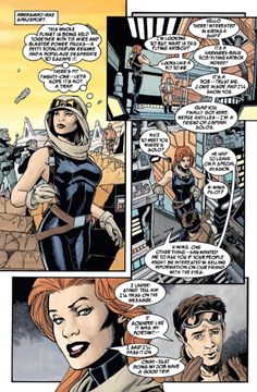 a comic page with an image of a woman in black and red hair, talking to another