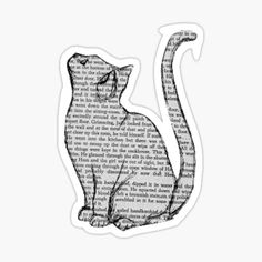 a black and white drawing of a cat sitting on top of an old book page