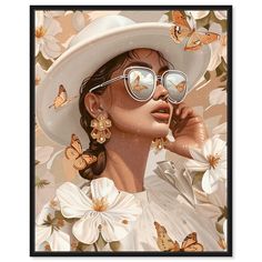 a painting of a woman wearing sunglasses and a white hat with butterflies around her neck