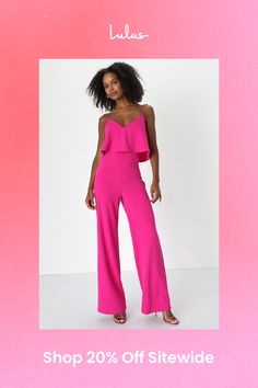 Spice up your next date night with the Lulus Make It a Date Magenta Sleeveless Wide-Leg Jumpsuit! Crepe knit shapes this flirty night-out jumpsuit that has adjustable spaghetti straps, a V-neckline, and a fitted sleeveless bodice with a flounce overlay. The high waist tops wide legs that end at ankle-length hems. Hidden back zipper. Fit: This garment fits true to size. Length: Floor length. Size medium measures 55" from adjustable straps to hem. Inseam: 32.00 Front Rise: 13.75 Bust: Great for an Glamorous Strapless Sleeveless Jumpsuit For Night Out, Glamorous Strapless Jumpsuit For Night Out, Sleeveless Pink Party Jumpsuits And Rompers, Flirty Jumpsuits And Rompers For Date Night, Chic Pink Strapless Jumpsuit For Party, Glamorous Sleeveless Jumpsuits And Rompers For Night Out, Glamorous Sleeveless Jumpsuit For Night Out, Flirty Strapless Jumpsuit For Night Out In Spring, Flirty Strapless Jumpsuit For Spring Night Out