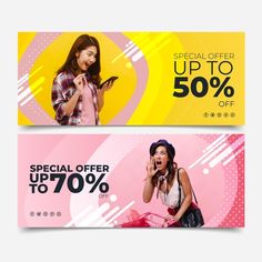 two sale banners with an image of a woman singing into a microphone and holding a cell phone