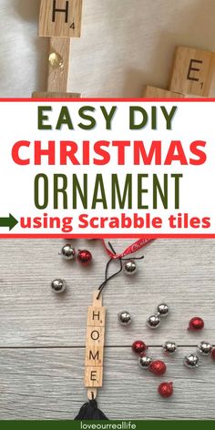 christmas ornament made out of scrabble tiles with the words, easy diy christmas ornament using scrabble tiles