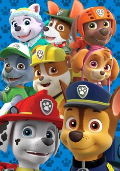 the paw patrol movie poster with many puppies wearing fireman's hats and uniforms